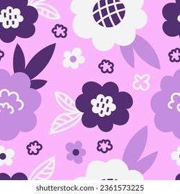 Flores moradas sin fisuras en estilo doodle. Piel dibujada a mano, camomila y fondo floral marrón sin fisuras. Ilustración del vector repetida de la ditsia de reproducción
