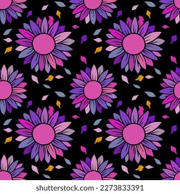 Flores moradas sin costura sobre fondo negro.