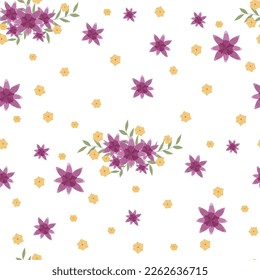 Fondo de la plantilla de fondo de fondo de fondo de papel pintado con flores moradas. La flor botánica y la rama de hojas tropicales se pueden usar para imprimir, saludar, aniversario de bodas. Concepto de tarjeta de invitación para vectores.
