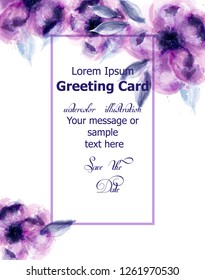 Purple flowers watercolor card Vector. Purple stains and delicate blooming decor. Invitation card, wedding ceremony, postcard, Women day greeting. Flow colorful drops. Beautiful pastel color