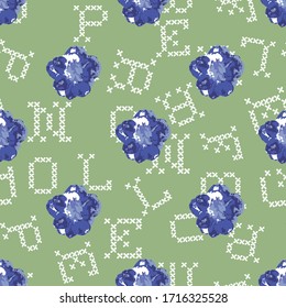 purple flowers and white letters pattern print