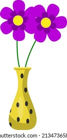 Purple flowers in yellow vase, illustration, vector on a white background.