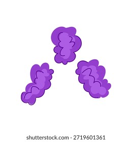 Purple fluffy abstract shapes representing parts of a playful clown wig, bringing a vibrant element of entertainment, carnival, or costume design on a clean white background