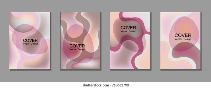 Purple fluid color covers set trendy vector design for business brochure, booklet, flyer. Colorful bubble shapes composition with gradients. Brochure cover design future geometric A4 templates.