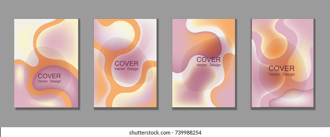 Purple fluid color covers set trendy vector design for business brochure, booklet, flyer. Colorful bubble shapes composition with gradients. Brochure cover design future geometric A4 templates.