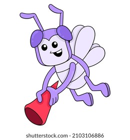 a purple fly is flying with a new year trumpet, vector illustration art. doodle icon image kawaii.