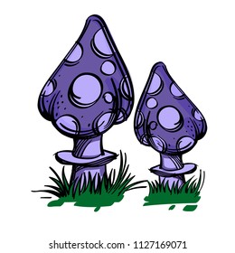 Purple fly-agaric, cartoon mushrooms. Vector illustration isolated on white background.
