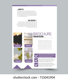 Purple flyer design template with built in images. Brochure for business, education, presentation, advertisement. Corporate identity style concept. Editable vector illustration.