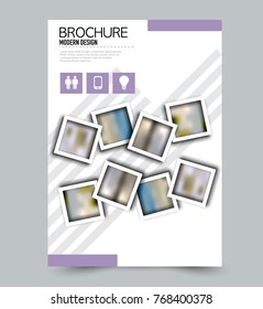 Purple flyer design template with built in images. Brochure for business, education, presentation, advertisement. Corporate identity concept. Editable vector illustration.