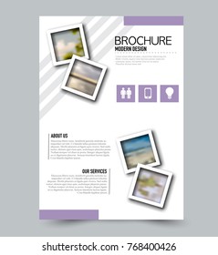 Purple flyer design template with built in images. Brochure for business, education, presentation, advertisement. Corporate identity concept. Editable vector illustration.