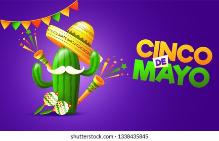 Purple flyer or poster design decorated with colorful bunting and maracas instrument for Cinco De Mayo party celebration.