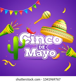Purple flyer or poster design decorated with colorful bunting and maracas instrument for Cinco De Mayo party celebration.