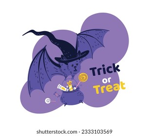 Purple flying bat in witch hat carrying in paws cauldron of sweets flat style, vector illustration isolated on white background. Halloween decorative design element, winged animal, trick or treat