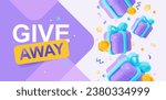 Purple flying gifts with confetti. GIVEAWAY banner template.  Vector illustration for greeting cards, banners, poster templates. Celebration horizontal image.