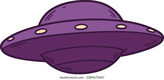 A purple flying saucer with circular details floats in the air, embodying a playful and whimsical tone in a simplified vector style.