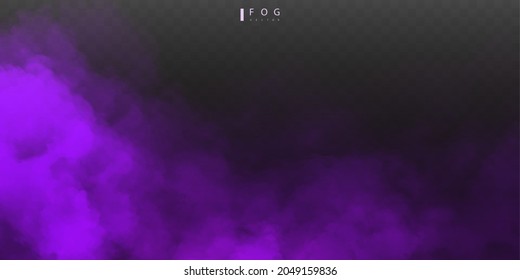 niebla morada o humo. Niebla realista. Efecto nebuloso de la atmósfera y nubes de humo aisladas en un fondo transparente. textura de nube abstracta vectorial