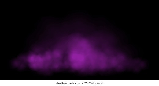 Purple fog or smoke cloud on black background. Realistic smoke effect vector illustration. Gas cloud, smoky mist, toxic vapor, meteorological phenomenon, condensation over land or water surface.