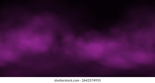 Névoa roxa ou nuvem de fumaça sobre fundo preto. Ilustração realista do vetor de efeito de fumaça. Nuvens de gás, névoa fumegante, vapor tóxico, fenômeno meteorológico, condensação sobre a superfície terrestre ou aquática.