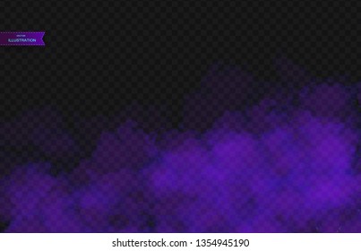 Purple Fog or smoke color isolated transparent special effect. White vector cloudiness, mist smog background. Vector illustration