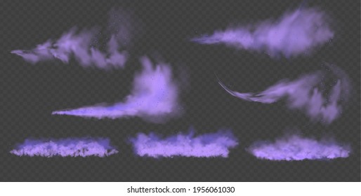 Purple fog or smoke.Purple dust with particles. Violet smoke or dust isolated on transparent background. Abstract mystical gas. Vector illustration