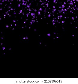 Purple foil hearts confetti on black background. Wedding, birthday, Valentine's Day. Vector holiday illustration.