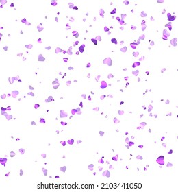 Purple foil hearts confetti on white background. Wedding, birthday, Valentine's Day. Vector holiday illustration.