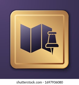 Purple Folded map with push pin icon isolated on purple background. Gold square button. Vector Illustration