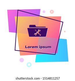Purple Folder with screwdriver and wrench icon isolated on white background. Adjusting, service, setting, maintenance, repair, fixing. Color rectangle button. Vector Illustration