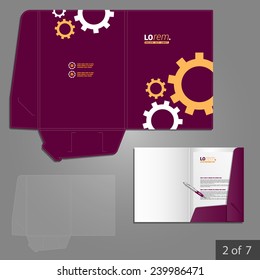 Purple folder template design for company with mechanism. Element of stationery.