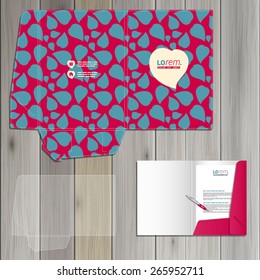 Purple folder template design for corporate identity with blue hearts. Stationery set