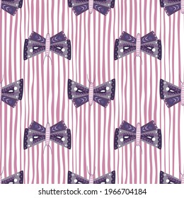 Purple folk butterfly ornament seamless doodle pattern. White and pink striped background. Fauna print. Perfect for fabric design, textile print, wrapping, cover. Vector illustration.