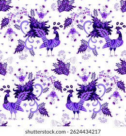 Aves de folclore roxo e flores pequenas no fundo branco padrão sem costura. Bela impressão de tecido étnico. Motivos indianos.