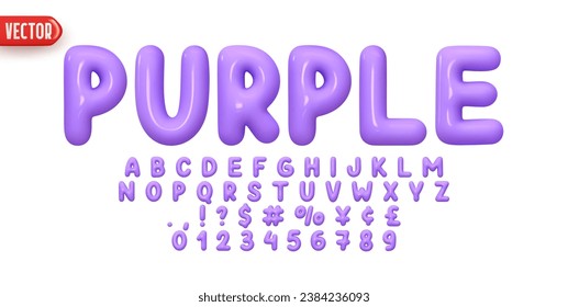 Purple Font realistic 3d design. Complete alphabet and numbers from 0 to 9. Collection Glossy letters in cartoon style. Fonts voluminous inflated from balloon. Vector illustration svg