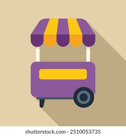 Purple food cart with yellow awning, waiting for customers to arrive