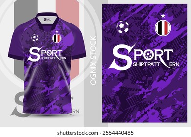 Purple football shirt The shirt has a graphic pattern that looks modern. There are stars and a football symbol on the collar and on the logo, adding interest.