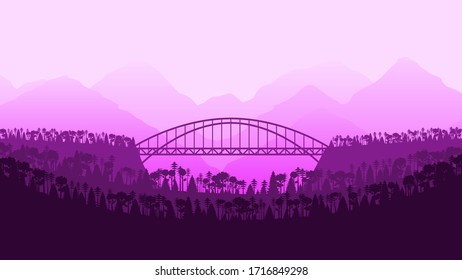 Purple Forest Background Vector Silhouette With Mountains And Bridge