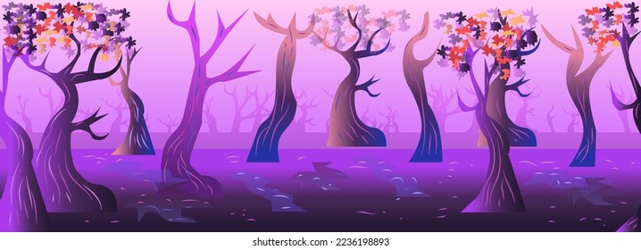 violettes Waldlandschaftsspiel, Hintergrund, Vektorgrafik