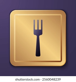 Purple Fork icon isolated on purple background. Cutlery symbol. Gold square button. Vector