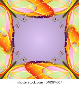 Purple frame, composed of four bright colorful wings of tropical butterflies. All isolated.