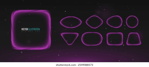Moldura roxa - geométrica macia de várias formas. Elemento para sobreposição isolado no plano de fundo preto. Ilustração vetorial