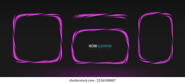 Purple frame - fluffy squares of various shapes. Element for overlay isolated on black background. Vector illustration