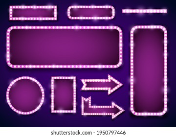 Purple frame signboard template. Lamps lighted vector illustration