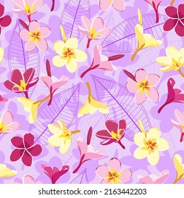 purple frangipani seamless pattern. plumeria flower. pink floral background. good for fabric, fashion, dress, wallpaper, backdrop, etc.