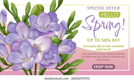 Purple Freesia Spring Sale Banner. Elegant Floral Discount Design for Promotions, Flyers, Social Media, Ads and Marketing. Vector Spring Illustration.