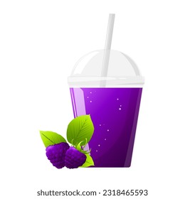 Purple fresh blackberry juice in plastic glass. Fruit juice in clear plastic cup. Vector illustration for design of fresh product, juice, canned food, menu for cafe.