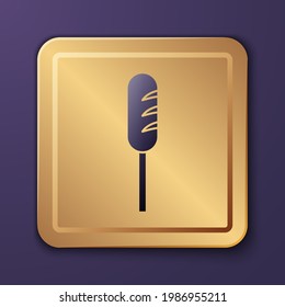 Purple Fried sausage icon isolated on purple background. Grilled sausage and aroma sign. Gold square button. Vector Illustration