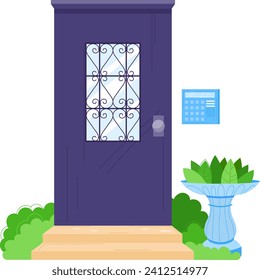 Portada púrpura con ventana decorativa, plantas al lado, día exterior de la casa. Entrada a casa con diseño elegante e ilustración vectorial de teclado de seguridad.