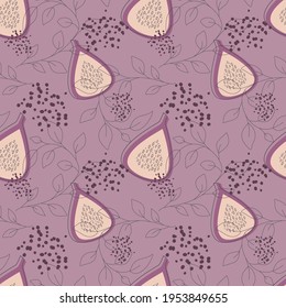 Purple fruit figs seamless pattern. Vector illustration of an infinite pattern with linear leaves and colored drops. Ripe juicy fruits in a flat linear style.