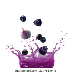 Purple fruit juice mix splash. Isolated realistic 3d vector liquid corona splashing with blueberry, figs, black currant and blackberry. Fresh summer vitamin drink whirl with droplets and ripe berries