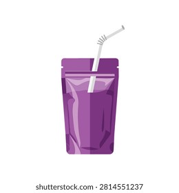Purple Fruit Juice or Smoothie in Stand Up Pouch with Straw Isolated on White Background Illustration